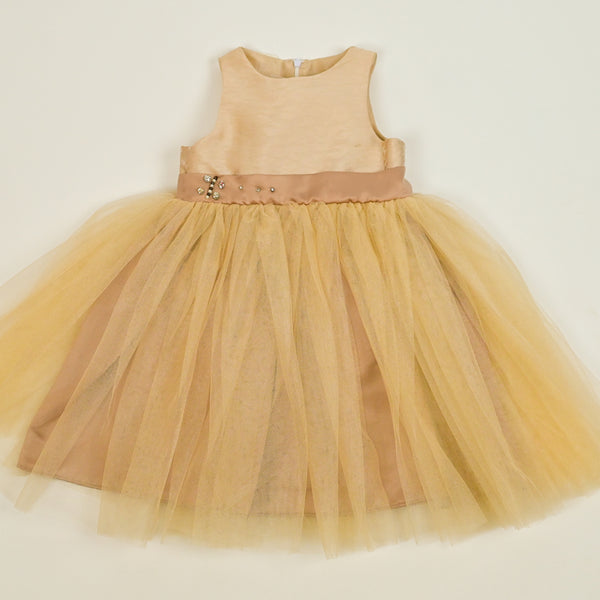 Girls Fancy Frock Net Bow Brown