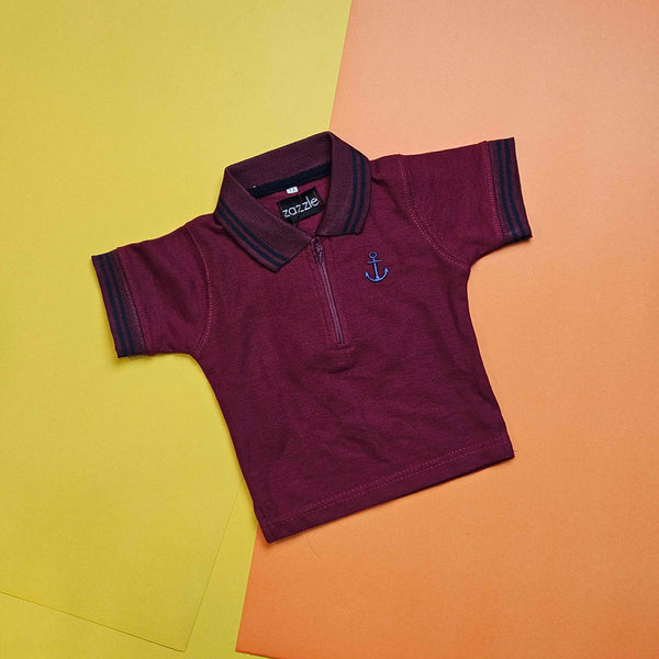 Boys T Shirt Front Zip Maroon Polo Style sku05107